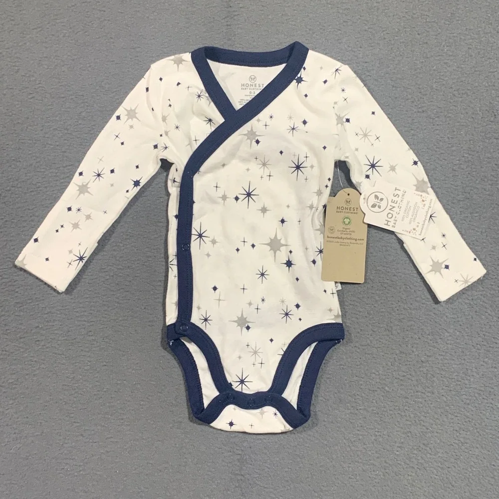 Honest Baby Organic Cotton Kimono Long Sleeve Bodysuit 0-3M‎ White Navy Stars
